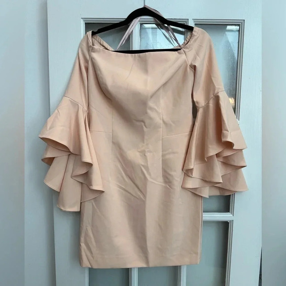 MILLY Selena Peach Italian Cady Off Shoulder Slit Side Sheath Dress Size 8 M NWT - Picture 3 of 13